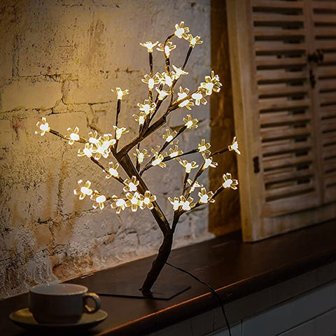 Arbre lumineux de 45 cm à LED avec 48 fleurs de cerisier, lumières LED, pour Noël, intérieur, décoration, bureau, chevet, blanc chaud