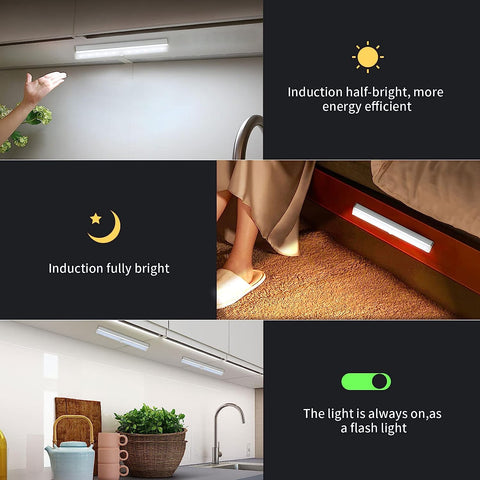 éclairage d'armoire LED, 10 LED, lumière blanche 6500 K, capteur de mouvement, éclairage d'armoire rechargeable avec bande magnétique autocollante,convient pour cuisine, escalier, couloir (2 pièces)