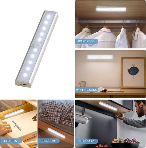 éclairage d'armoire LED, 10 LED, lumière blanche 6500 K, capteur de mouvement, éclairage d'armoire rechargeable avec bande magnétique autocollante,convient pour cuisine, escalier, couloir (2 pièces)