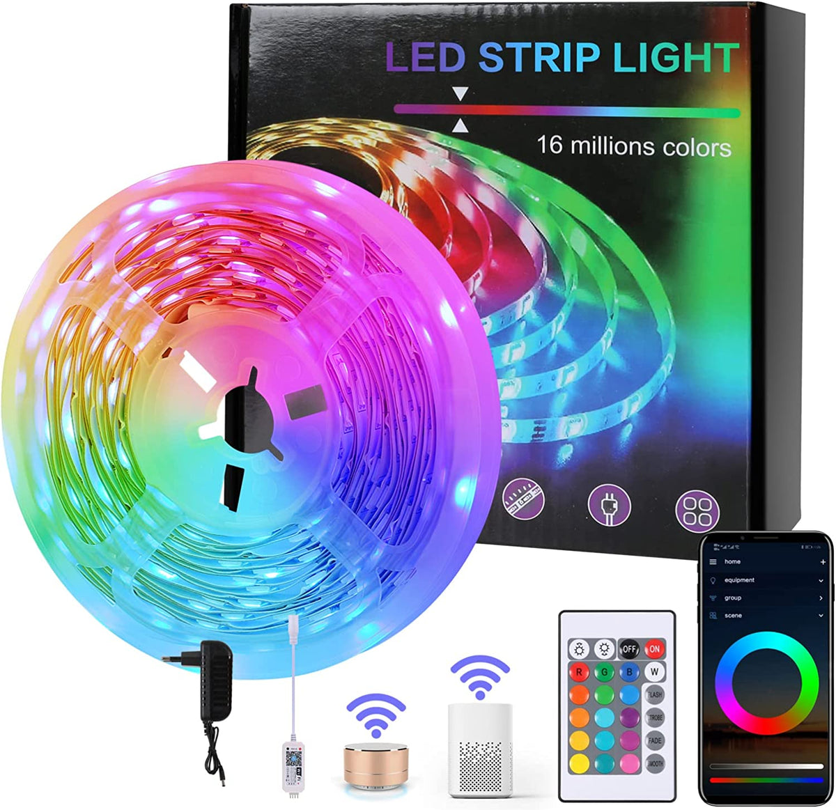 Ruban LED 5M WiFi, Smart Bande Lumineuse LED RGB 5050 12V Compatible avec Alexa et Google Home, Éclairage Multicolore avec App Contrôle et Télécommande Musique Sync, pour Chambre Fête Bar