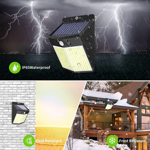 2 pièces Applique solaire Extérieur 288 LED Détecteur de Mouvement Lampe murale LED Blanc Froid 6000K Pour Cour Jardin Couloir Terrasse Proche Mur Pathway Patio Villa