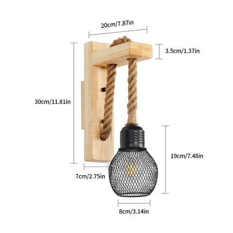 GOECO Applique Murale Industrielle Vintage, Lampe Murale en Bois Rustique Rétro, Abat-Jour en Cage en Métal Noir, Éclairage Mural à Suspendre en Corde de Chanvre (Sans Ampoules)
