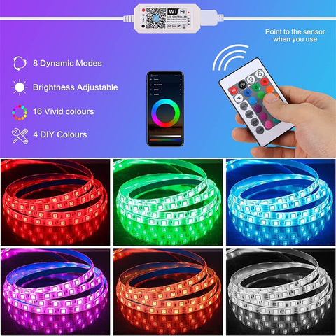 Ruban LED Smart WiFi Bande LED 5m 5050 RGB App Controle, IP65 étanche Bande Lumineuse Flexible Multicolore avec Télécommande pour Maison Cuisine Télévision Chambre Fête Festive Decoration