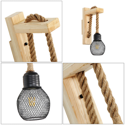 GOECO Applique Murale Industrielle Vintage, Lampe Murale en Bois Rustique Rétro, Abat-Jour en Cage en Métal Noir, Éclairage Mural à Suspendre en Corde de Chanvre (Sans Ampoules)
