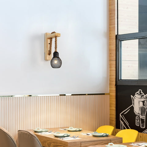 GOECO Applique Murale Industrielle Vintage, Lampe Murale en Bois Rustique Rétro, Abat-Jour en Cage en Métal Noir, Éclairage Mural à Suspendre en Corde de Chanvre (Sans Ampoules)