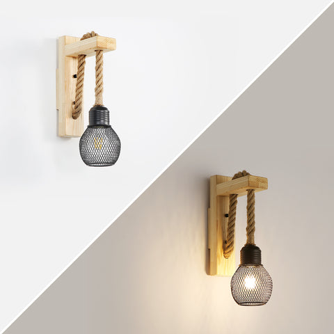 GOECO Applique Murale Industrielle Vintage, Lampe Murale en Bois Rustique Rétro, Abat-Jour en Cage en Métal Noir, Éclairage Mural à Suspendre en Corde de Chanvre (Sans Ampoules)